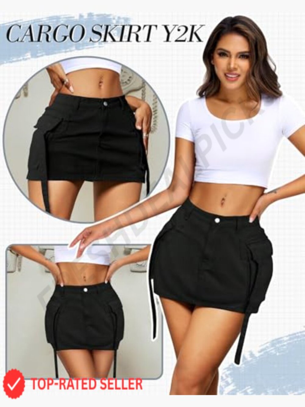 Low Waist Denim Mini Skirt with Cargo Flap Pockets Y2k Button Fly - Picture 6 of 7